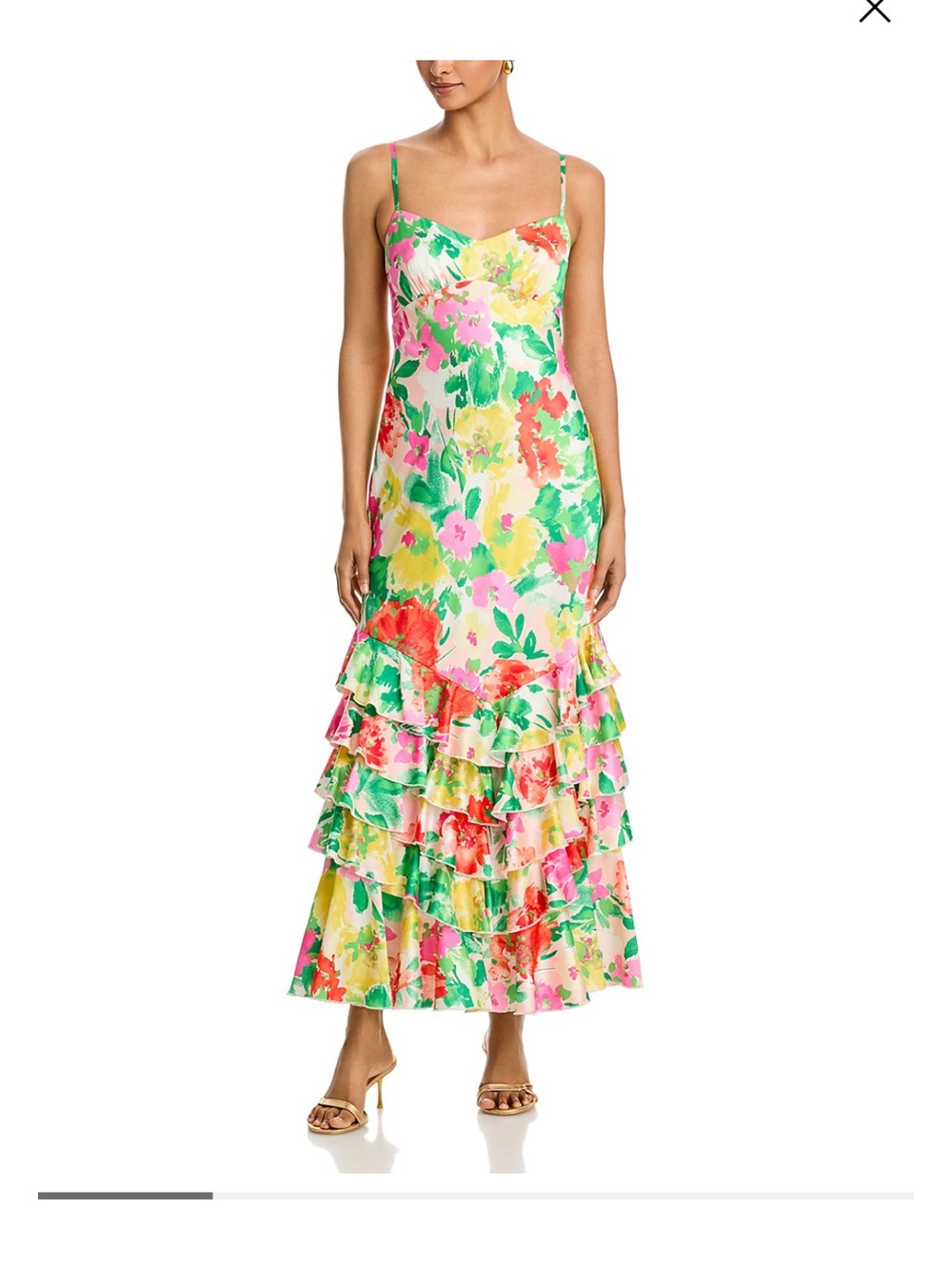 AquaFloral Tiered Maxi Dress with Spaghetti Straps - Pink & Green